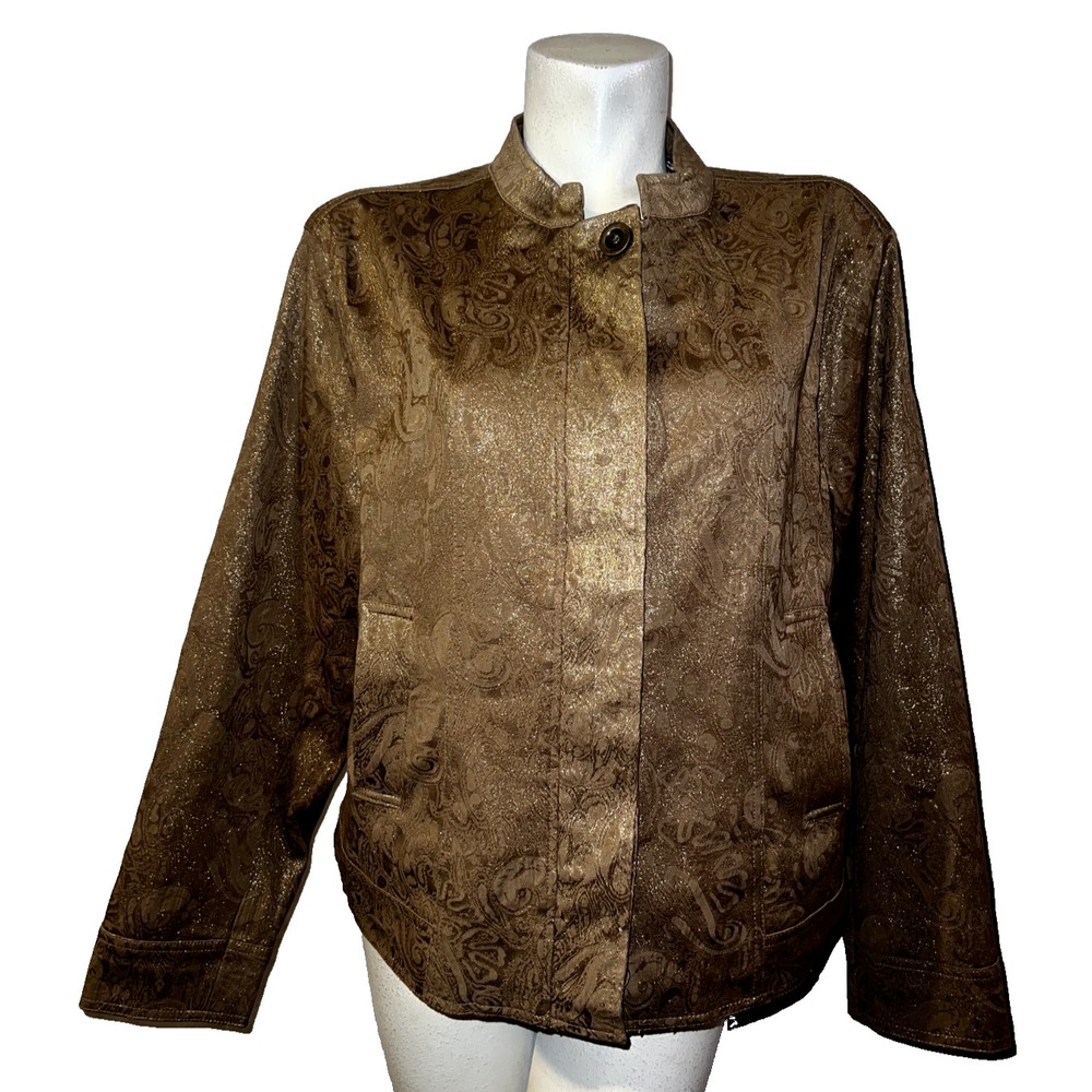 Chico's Brown Gold Paisley Print Stand Collar Button Front Jacket Womens Sz XL 3